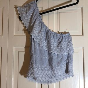 American Eagle One Shoulder Eyelet Striped Blue white Elastic Neck Top SZ M R1